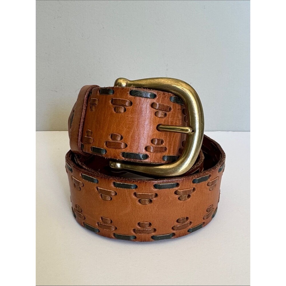 Linea Pelle Stitched Leather Belt in Cognac with Brass Buckle Sz M